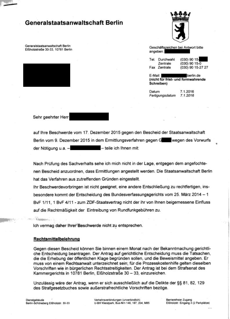 Generalstaatsanwaltschaft Berlin zum Rundfunkbeitrag Staatsverträge sind gesetzeswidrig aber die Eintreibung des Finanzamts ist rechtmäßig 2